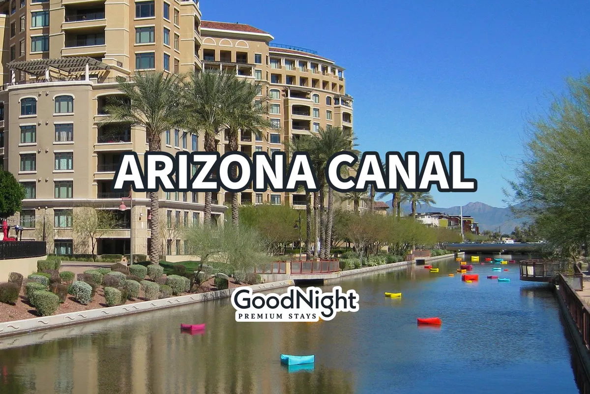 A colorful scene of the Arizona Canal bordered by palm trees and modern architecture. Distinctive boats float on the water, and people are seen enjoying outdoor activities, dining at nearby restaurants, and participating in community events.