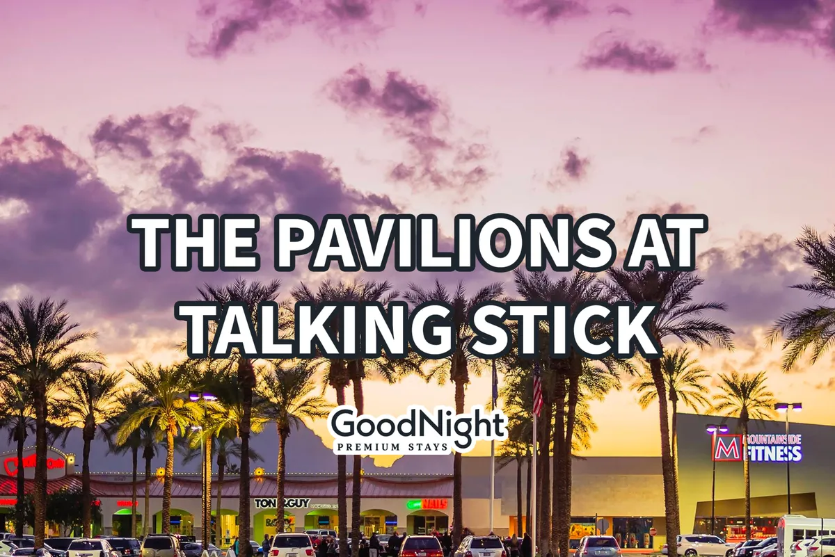 This shot captures vibrant storefronts and palm trees under colorful evening skies, suggesting an inviting and lively neighborhood ambience. It highlights the proximity to nightlife, shops, and evening activities.